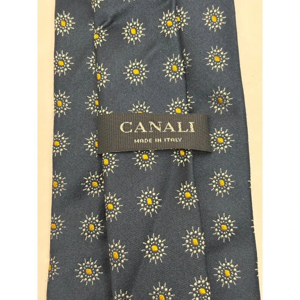 Canali Mens Silk Tie Navy Blue Silver Gold Floral Sunburst Geometric Made Italy